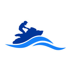 Fototapeta na wymiar Logo deportes acuáticos. Silueta de hombre montando una moto de agua con olas de mar