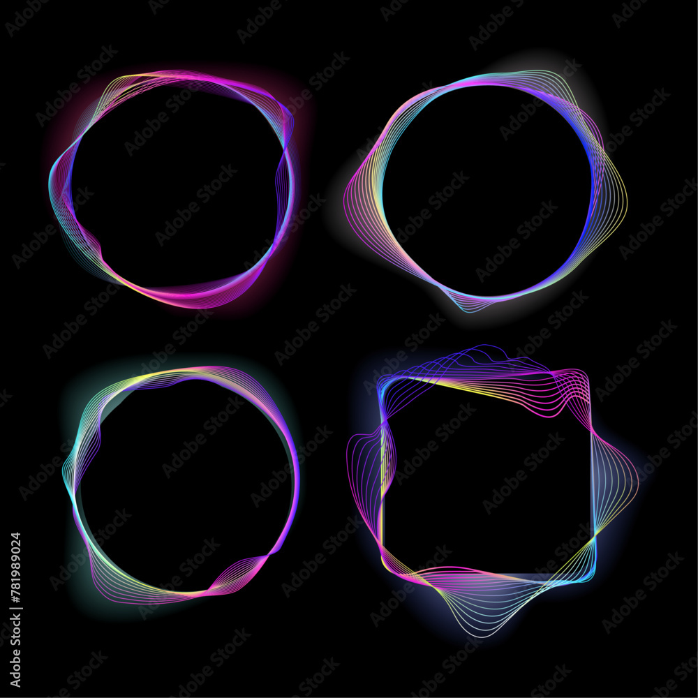 Poster circular neon light frame border with dynamic lines.vector glowing neon frame round and square on ba