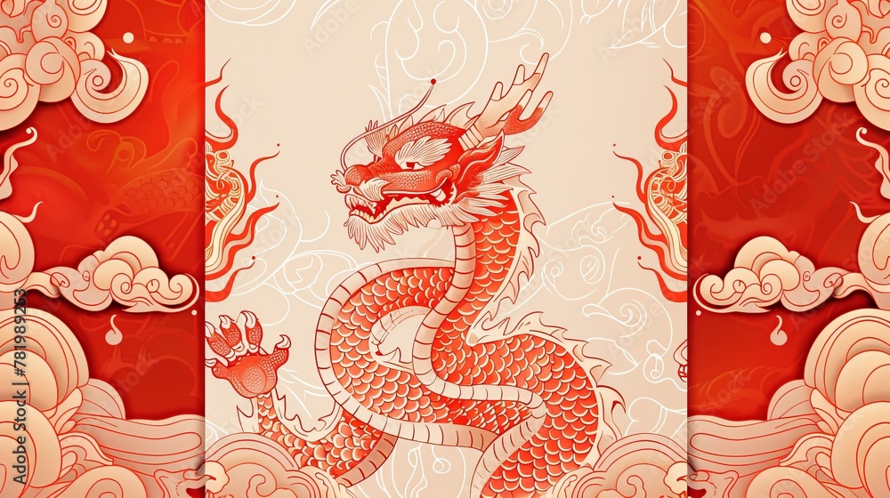 Poster Dragons with Oriental pattern on vertical red envelopes. Text: Best wishes for the new year.