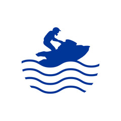 Logo deportes acuáticos. Silueta de hombre montando una moto de agua con olas de mar