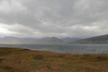 Fototapeta premium Scenic view of a tranquil lake with a grassy shore on a cloudy day in Iceland