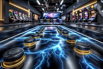 Dynamic air hockey game in an arcade, fast-paced, entertainment, game - obrazy, fototapety, plakaty