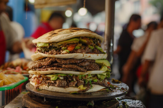 A bustling street food scene in Mexico City, with a focus on a vendor assembling a towering torta on a traditional plancha.