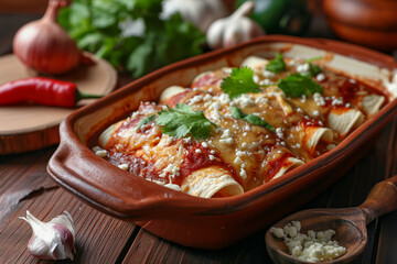 platter of enchiladas suizas, bathed in a creamy sauce and sprinkled with cheese, ready to be served.
