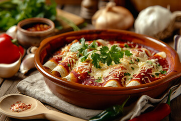 platter of enchiladas suizas, bathed in a creamy sauce and sprinkled with cheese, ready to be served.