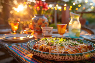 platter of enchiladas suizas, bathed in a creamy sauce and sprinkled with cheese, ready to be...