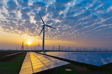 sunrise, a renewable energy landscape comes to life. The gentle curves of wind turbines contrast with the strict lines of solar panels, creating a symphony of shapes that speak to a sustainable future - obrazy, fototapety, plakaty