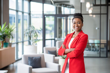 Confident young businesswoman in a vibrant red blazer stands in a modern office space