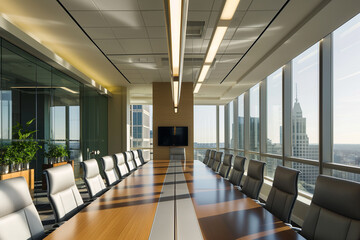 Step into an executive boardroom that epitomizes the pinnacle of corporate sophistication, illustrated the space is furnished with plush, grey upholstered chairs, ensuring both style and comfort.