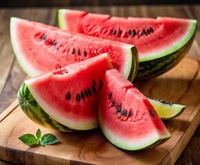 A vibrant slice of watermelon making a splash on a wet surface, illuminated by natural light with a blurred greenery backdrop.