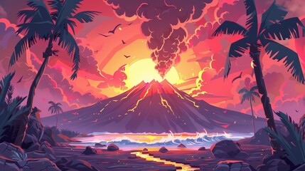 The Jurassic era of Earth evolution, tropical landscape, cartoon volcanic background with palm trees, rivers, and rocks.