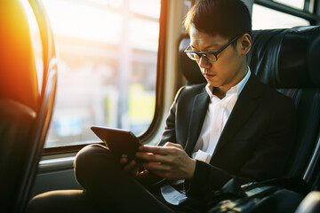  business traveler, an East Asian individual, comfortably seated on a train, their attention captivated by the screen of their smartphone or tablet