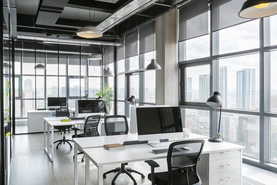 Workspace that marries the tranquility of an organized desk with the energetic backdrop of a cityscape