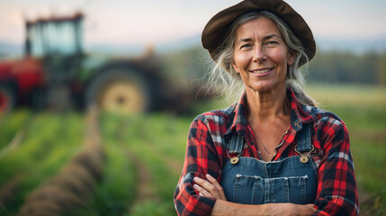 A cheerful female farmer wearing a hat smiles in front of agricultural machinery in the field.