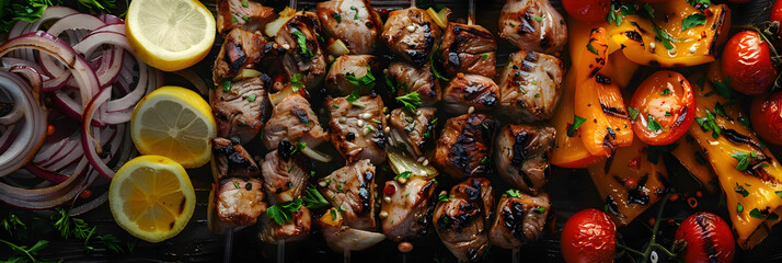 A closeup of kebab ingredients in mi. Concept Food Photography, Close-up Shots, Ingredients, Kebab Recipe, Cooking Inspiration - obrazy, fototapety, plakaty