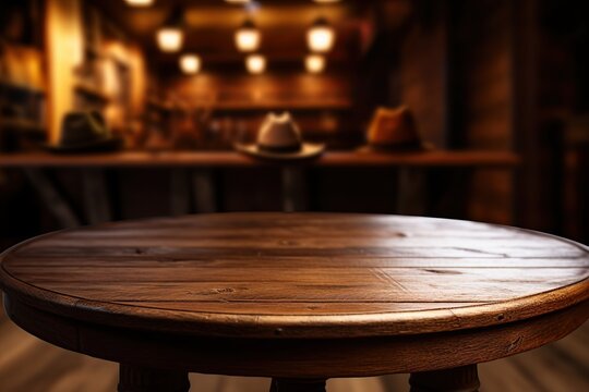 Empty wooden table at the cowboy saloon, restaurant. Copy space, add your product. Ai Generative
