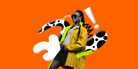Stylish young woman in colorful clothes. Energy and creativity of urban fashion culture. Contemporary art collage. Concept of modern fashion, creative, youth, style. Vibrant design