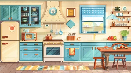 An empty rustic kitchen with wooden furnishings and appliances. An oven, range hood, refrigerator and utensils. Retro vintage style, jalousies. Cartoon modern illustration.