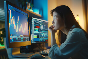 An Asian woman is captured at her home office setup, deeply focused on stock or cryptocurrency trading on her computer.