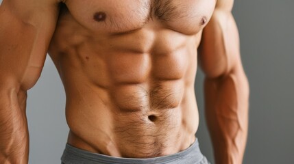 Anonymous shirtless athlete pointing at pectoral muscle after workout against gray background
