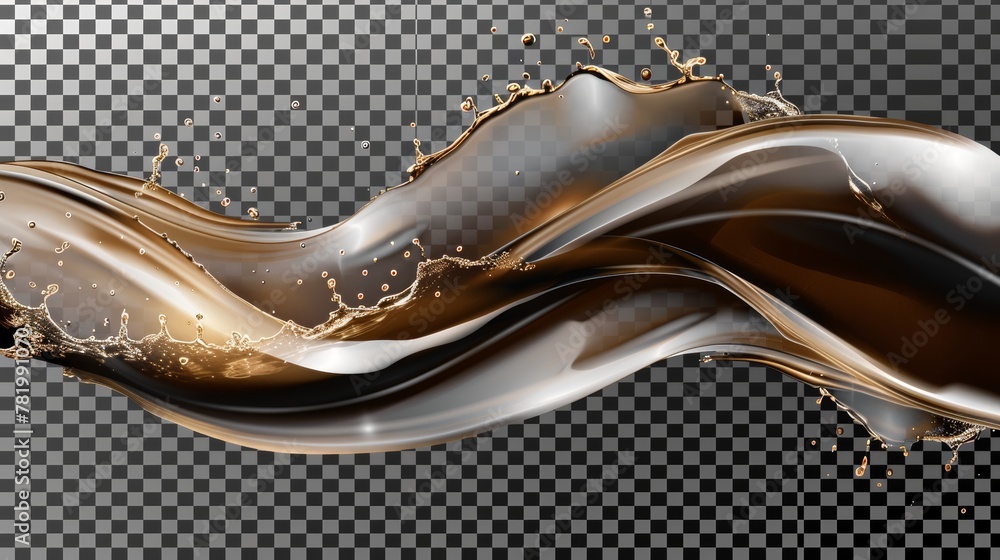 Poster a realistic mockup of twisted streams of brown drinks with splashes and drops isolated on a transpar