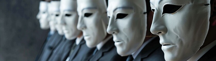 Masks and deception in the corporate arena, where every businessman plays his part - obrazy, fototapety, plakaty