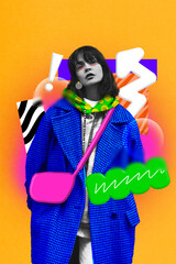 Young woman wearing bright colorful street style look. Inspiration, individuality and self-expression through clothes. Contemporary art collage. Concept of modern fashion, creative, youth, style.