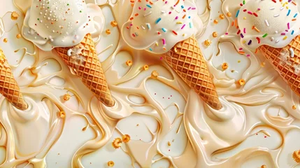 Foto auf Alu-Dibond A realistic 3D modern illustration of drip ice cream melted droplets with sprinkles on a waffle cone background. Melted white sweet liquid splashes, glossy cream border with dripping droplets, molten © Mark