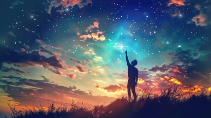 dreamscape showing a person reaching for a star, embodying their highest aspirations and dreams