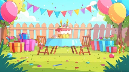 Decorative yard setting for a birthday party. Garland of flags, balloons, table, chairs for a kid's anniversary party outside. Modern cartoon illustration of a holiday cupcake and gift box in a