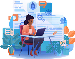 Woman Job Search Writing Resume Internet Cartoon