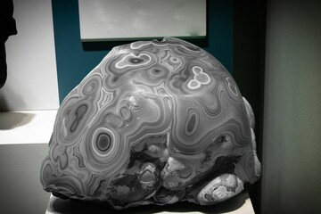 Rock with cloudlike swirly patterns against blue background and dark shadows