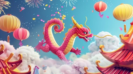 The Golden Dragon celebrates and welcomes the New Year with fireworks and festive decorations in this Chinese New Year poster with a hot pink dragon flying above smoke on a blue background.