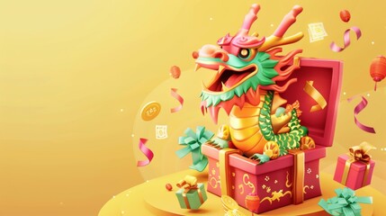 Fototapeta na wymiar Dragon and gift box behind a radial yellow background with money and coupons for Chinese New Year.