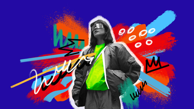 Fototapeta Young woman showing style in vibrant and colorful streetwear outfit on bright abstract background. Comfort and trendiness. Contemporary art collage. Concept of modern fashion, creative, youth, style