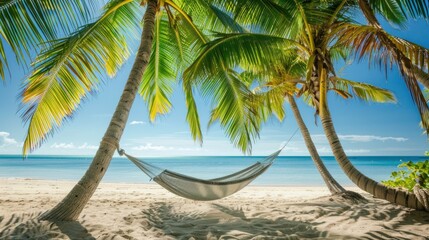 Capture the essence of summer relaxation with a stock photo featuring a hammock hanging between two palm trees on a tropical beach 