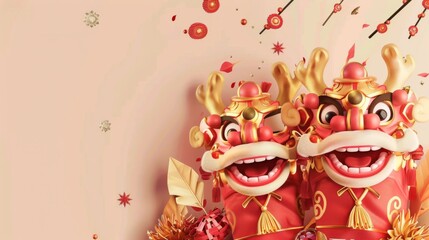 The Chinese New Year dragons on cream background have a red pocket, couplet, gold, and fortune bag. Translation: Welcome spring. Fortune.