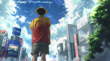 Anime still of a men wearing a t-shirt and straw hat, with his back to the camera,  viewed from behind, with a blue sky and clouds, skyscrapers of Tokyo