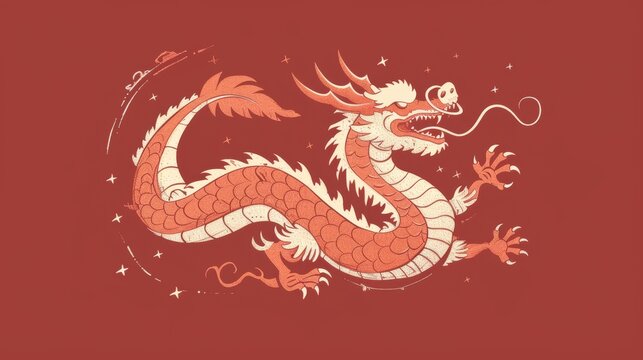 On a burgundy background, there is a hand sketched style lunar holiday dragon.