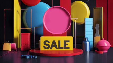 The word SALE in bold, colorful letters on top of three flat color blocks arranged to form an...