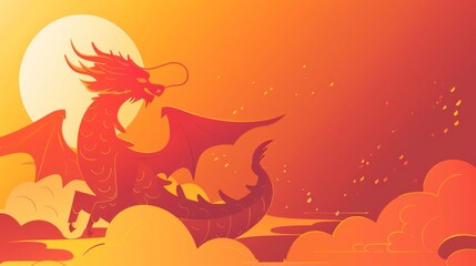 On an orange and red gradient background, there is an aesthetic dragon and cloud.