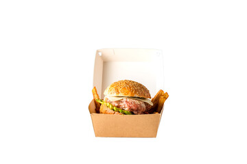 Burger in EcoFriendly Box: Sustainable Delivery Meal on White or Transparent Background - Ready to Eat Takeaway Food Packaging