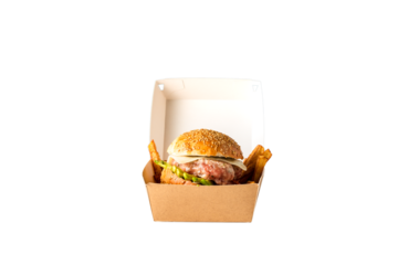 Burger in EcoFriendly Box: Sustainable Delivery Meal on White or Transparent Background - Ready to Eat Takeaway Food Packaging