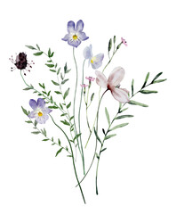 Watercolor Bouquet of Wildflowers, Violet Flowers and Leaves. Botanical illustration for invitation and social media.