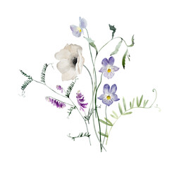Watercolor Bouquet of Wildflowers, Violet Flowers and Leaves. Botanical illustration for invitation and social media.