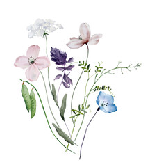 Watercolor Bouquet of Wildflowers and Leaves. Botanical illustration for invitation and social media.
