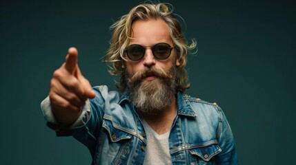 Obraz premium Casual dressed young man in blue denim pointing right with his finger isolated on blue background