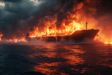 Ship on fire. A large general logistics ship burning in ocean or sea waters
 - Powered by Adobe