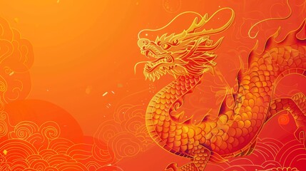 Obraz premium Authentic Chinese New Year banner with a dragon on an orange and red gradient background and line-style decorations. Text translation: Fortune.