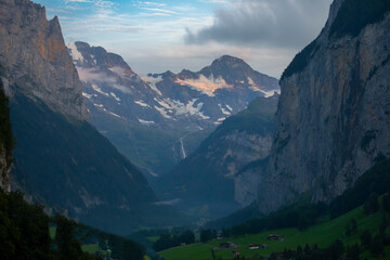 Lauterbrunnen, Switzerland beautiful morning with patchy fog during